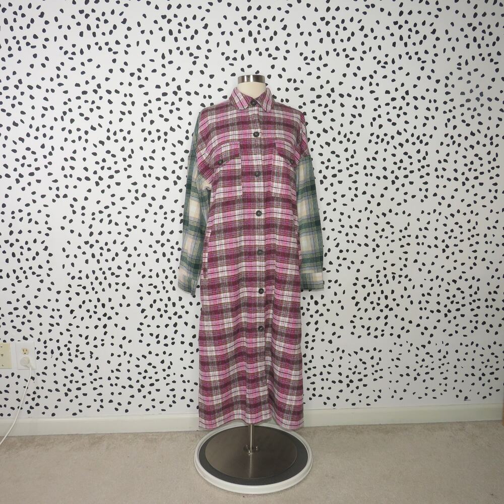 Nasty Gal Pink Plaid Print Longline Button Down  Shacket - Picture 3 of 10